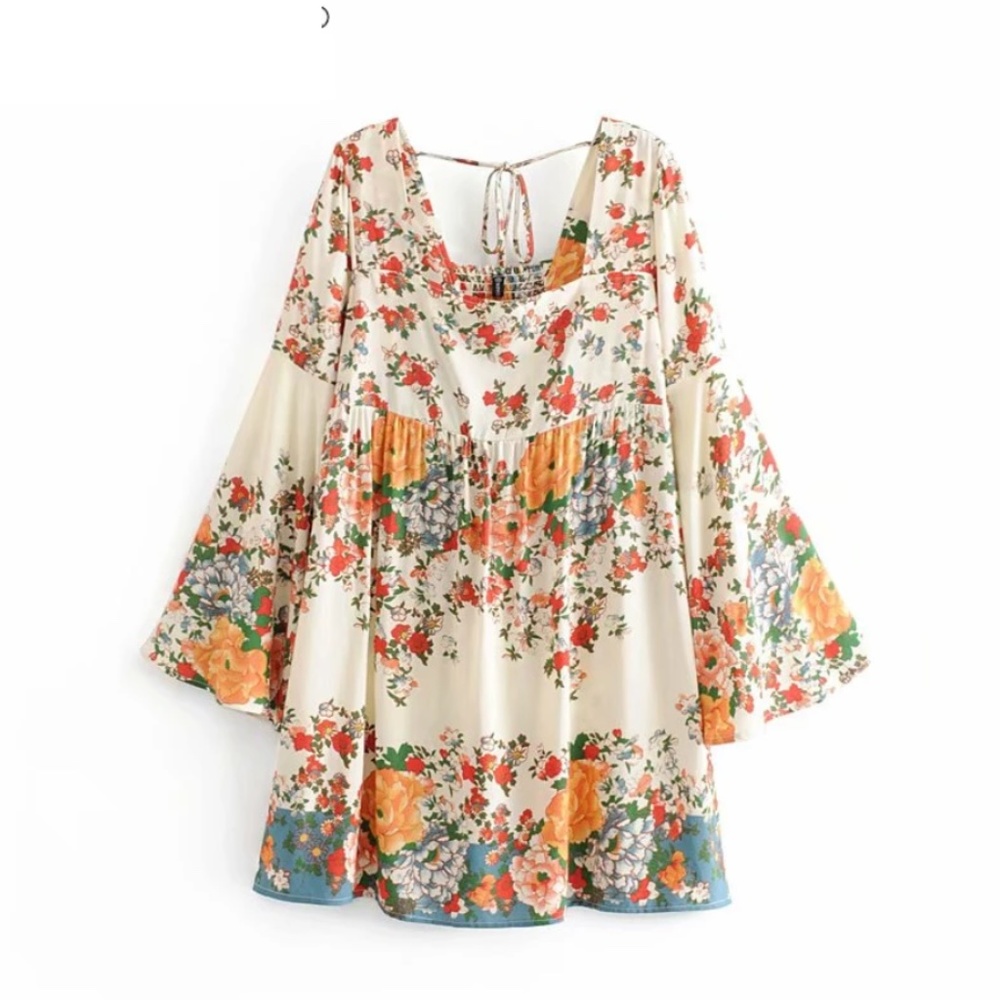 Boho Orange Floral Print Wide Sleeve Smocked Dress - Picture 2 of 5